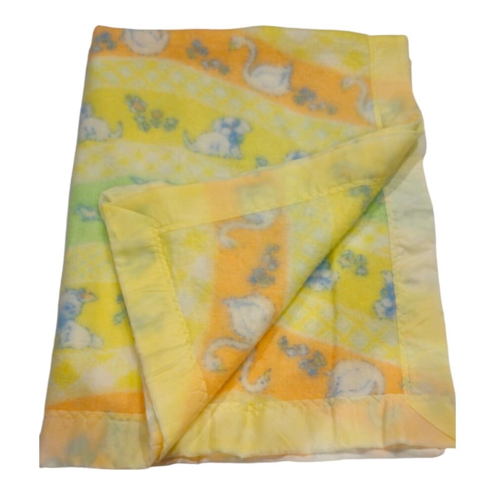 Vintage Acrylic Baby Blanket Nylon Trim  Bunny Puppy Swans Appx. 50'‎ x 37